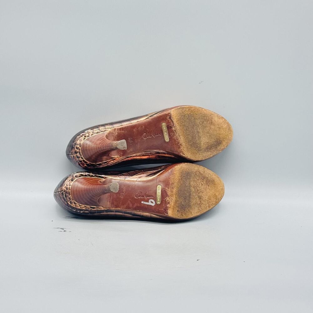 Cole Haan Shoes Womens 6 Brown Snake Embossed Leather Peep Toe Vintage Pumps - Picture 8 of 11